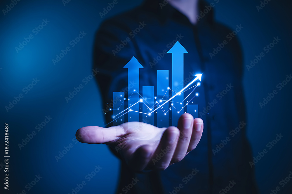 Poster hand holding glowing digital business graph with upward arrows and data points showing growth and su
