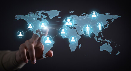 Global networking concept with world map and human icons, perfect for international business expansion and digital marketing campaigns online