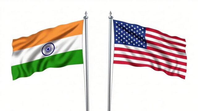 Two flags, likely representing a partnership: on the left is the flag of India, and on the right is the flag of the United States. They are both waving gently in the wind.

