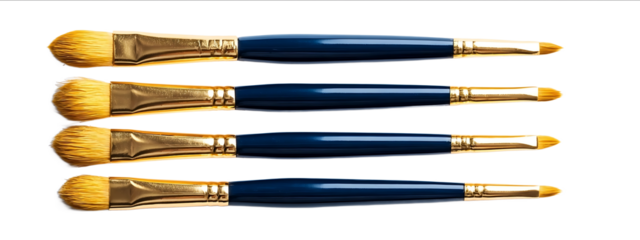 Set of five dark blue art brushes with golden bristles on a white background top view Highresolution photograph