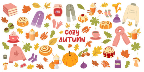 Autumn big set with cozy elements: leaves, evening with book, warm clothes, harvest, cinnamon rolls, pumpkin spice latte. Fall vector illustration for banners, social media, cards