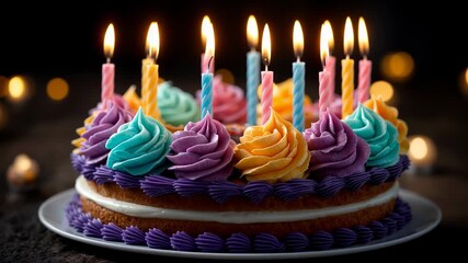 Colorful birthday cake with lit candles, perfect for celebrations and gatherings