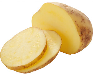 Photograph of a potato with two slices isolated on a white background in a solid color style in PNG format