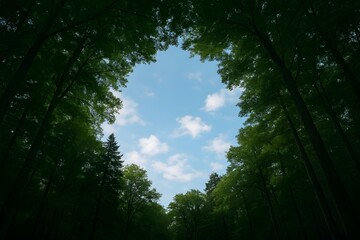 Naklejka premium Forest Canopy Frame: Blue Sky and Clouds Seen Through Trees