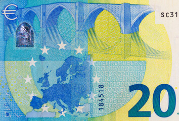 20 euro banknote of the European Union. Paper money of Europe