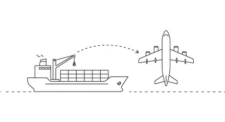 Obraz premium Illustration of a cargo ship transferring a container to an airplane via a crane, symbolizing multimodal transportation.