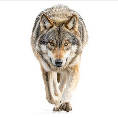Obraz premium front view snarling wolf walking towards camera isolated on white background hyper realistic oil painting style