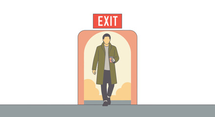 Obraz premium Artistic Illustration Of A Man Exiting A Building With A Mug Of Beverage