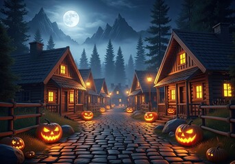 Photo of a spooky halloween night in a small town with pumpkins lining the cobblestone street and houses glowing under the moonlight in the mountains