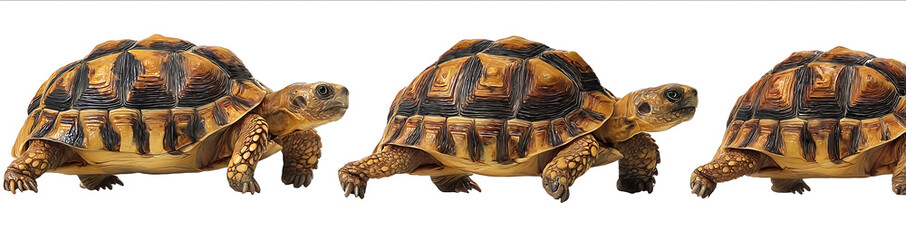 Set of three sideview photographs fullbody brown and yellow tortoise walking on a white background looking at the camera isolated on the left side hyperrealis