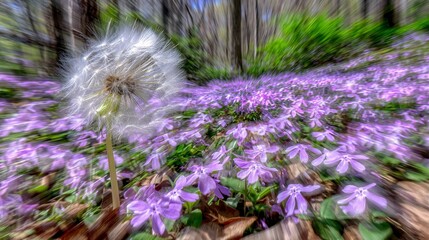 composition showing a white dandelion gently swaying in a breeze surrounded by vibrant purple ground cover flowers, captured with soft motion blur artistic nature, dandelion in wind, motion 