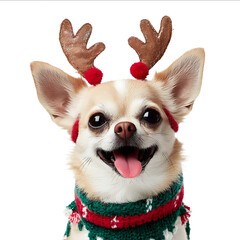 A happy smiling Chihuahua wearing Christmasthemed isolated against a white background Detailed photograph PNG format