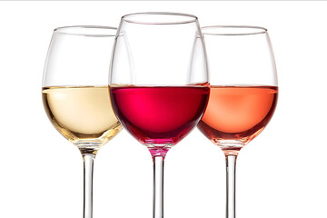 Wine glasses with red white and rose wine isolated on a white background With a clipping path Focus stacking