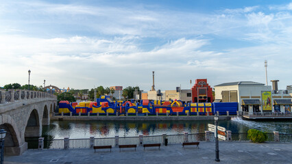 The largest inflatable trampoline in the world, theme park, Dubai, UAE. Entertainment for children in Riverland in the United Arab Emirates