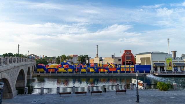 The largest inflatable trampoline in the world, theme park, Dubai, UAE. Entertainment for children in Riverland in the United Arab Emirates