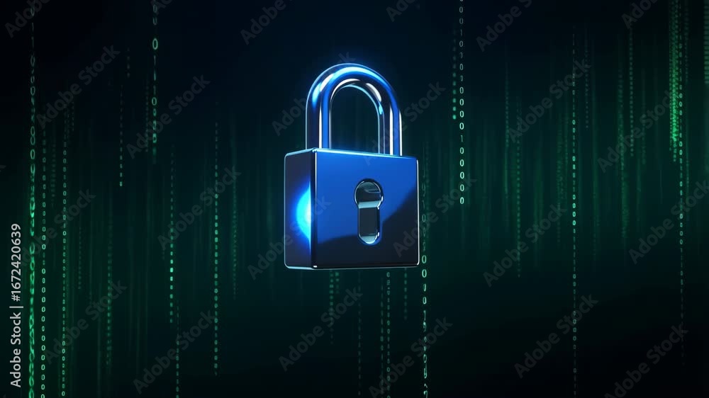 Poster padlock unlocking with binary code rain effect