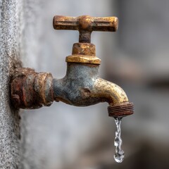 A close-up of an old, rusty faucet with water dripping from it. The faucet is attached to a weathered stone wall