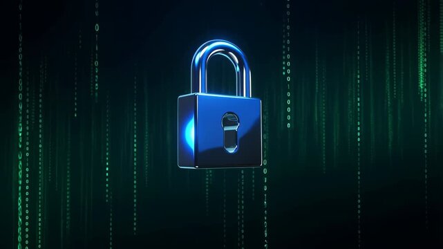 Padlock unlocking with binary code rain effect