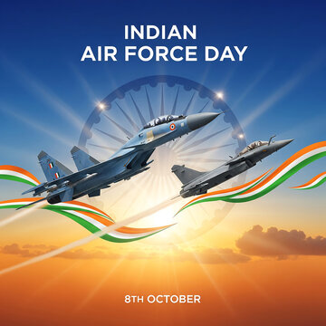 Indian air force day celebration with fighter jets and national flag colors