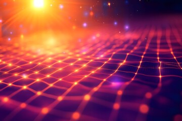 Abstract glowing grid with orange light and purple accents creating a futuristic landscape design
