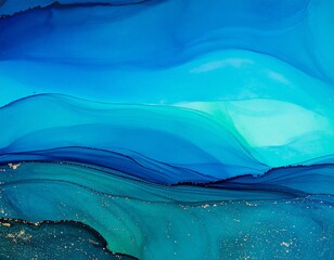 Flowing abstract waves of deep blue and turquoise creating a mesmerizing, calming liquid art background.