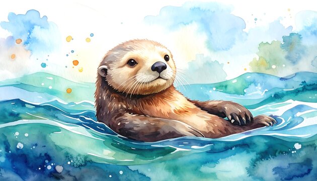Watercolor otter in water - Powered by Adobe