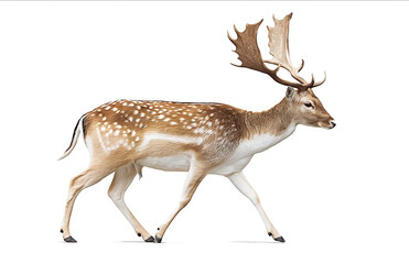 Fallow deer male walking to the right full body side view white background photorealistic high detail no shadows no text or symbols on the canvas no reflectio