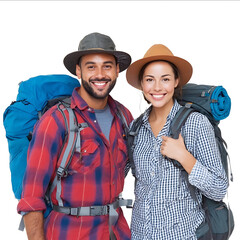 Happy couple on an adventure with backpacks and hats isolated over a white background A smiling young man and woman hikers wearing hiking looking at the camer