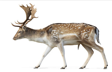 Fallow deer male walking to the right full body side view white background photorealistic high detail no shadows no text or symbols on the canvas no reflectio