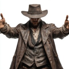 Fototapeta premium A rugged figure in a cowboy hat and weathered coat, embodying the spirit of the Old West, with hands outstretched. The image evokes a sense of determination and resilience