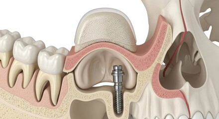 Detailed dental implant procedure illustrating bone grafting and sinus augmentation for tooth replacement