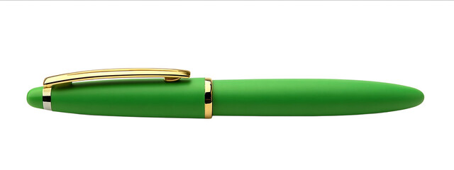 Photo of a green pen isolated on a white background with no shadows or reflections The ink is vivid and bright against the matte surface of its body There is