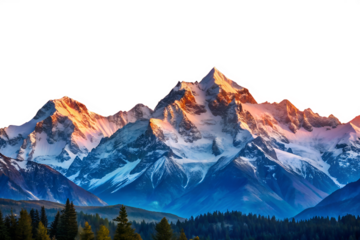 Majestic snow capped mountains illuminated by sunset isolated on white background