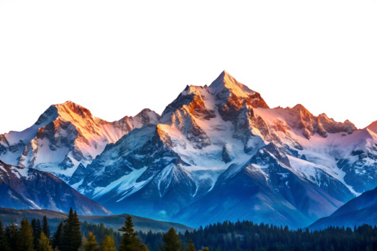 Majestic snow capped mountains illuminated by sunset isolated on white background