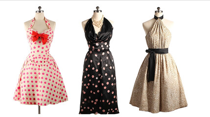 Three vintage rockabilly dresses on mannequins featuring different styles and colors against a white background One dress is a polka dot design with a red bow