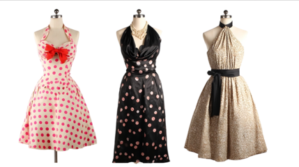 Three vintage rockabilly dresses on mannequins featuring different styles and colors against a white background One dress is a polka dot design with a red bow