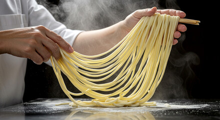 Chef Stretching Fresh Noodles by Hand Over Floured Surface