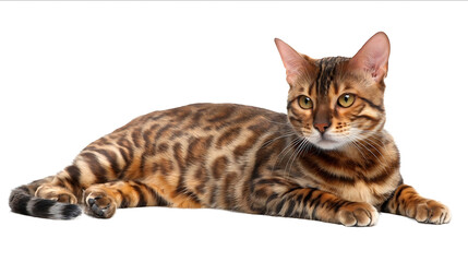 Bengal cat isolated on a white background full body in a photo studio with copy space concept