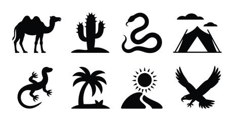 Desert silhouette icon set featuring camel, cactus, snake, tent, lizard, palm tree, sun path, and eagle for nature and travel themes