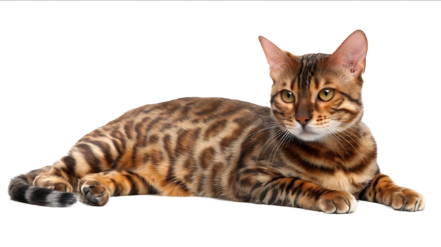 Bengal cat isolated on a white background full body in a photo studio with copy space concept