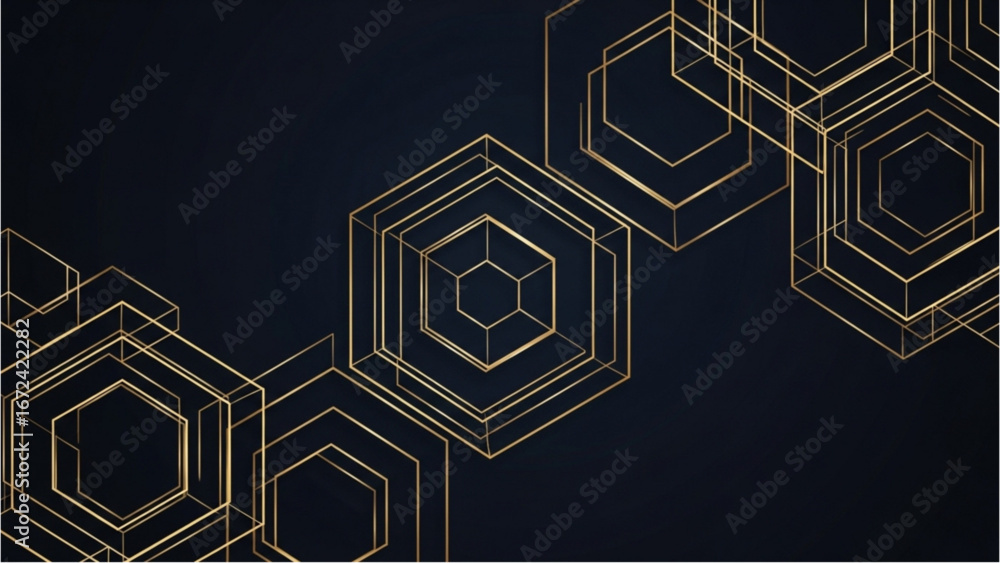 Aufkleber golden wireframe hexagons arranged on dark background in geometric pattern with depth and perspectiv