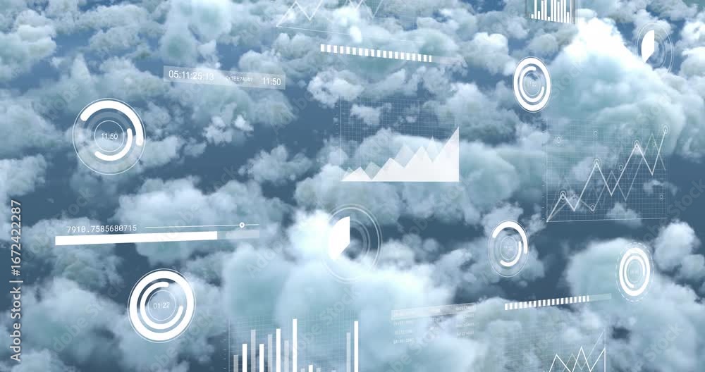 Poster animation of data processing against clouds in the sky