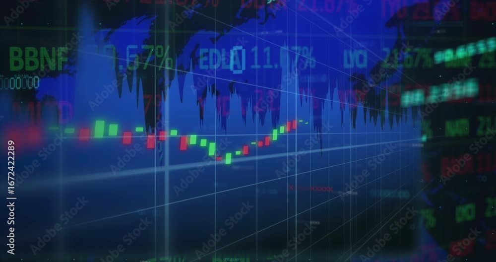 Poster animation of multiple graphs over trading board against map on black background