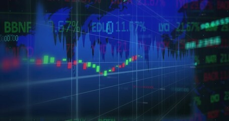Animation of multiple graphs over trading board against map on black background - Powered by Adobe