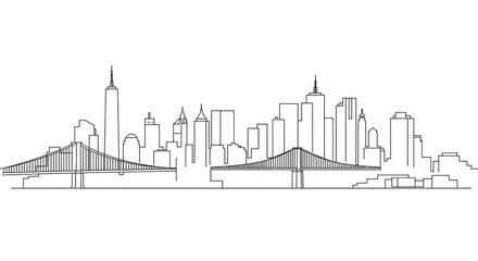 Minimalist line art drawing of a city skyline with bridges and skyscrapers, depicting a modern urban landscape.