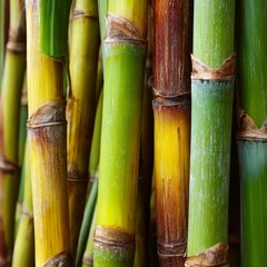 Obraz premium Fresh sugarcane stalks close-up in various shades of green and yellow, with natural textures and details