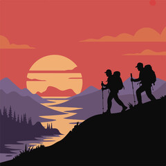 Fototapeta premium Mountain Hiking at Sunset (Focuses on the activity and setting)
