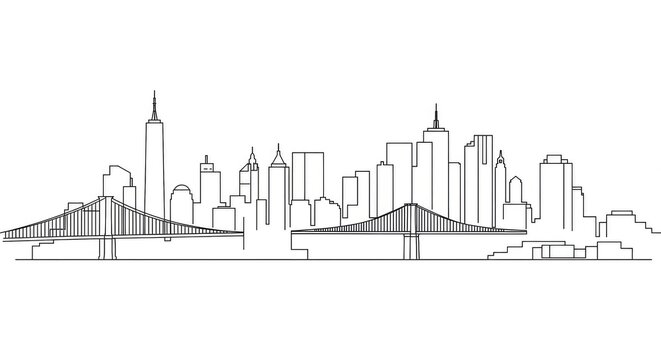 Minimalist line art drawing of a city skyline with bridges and skyscrapers, depicting a modern urban landscape.