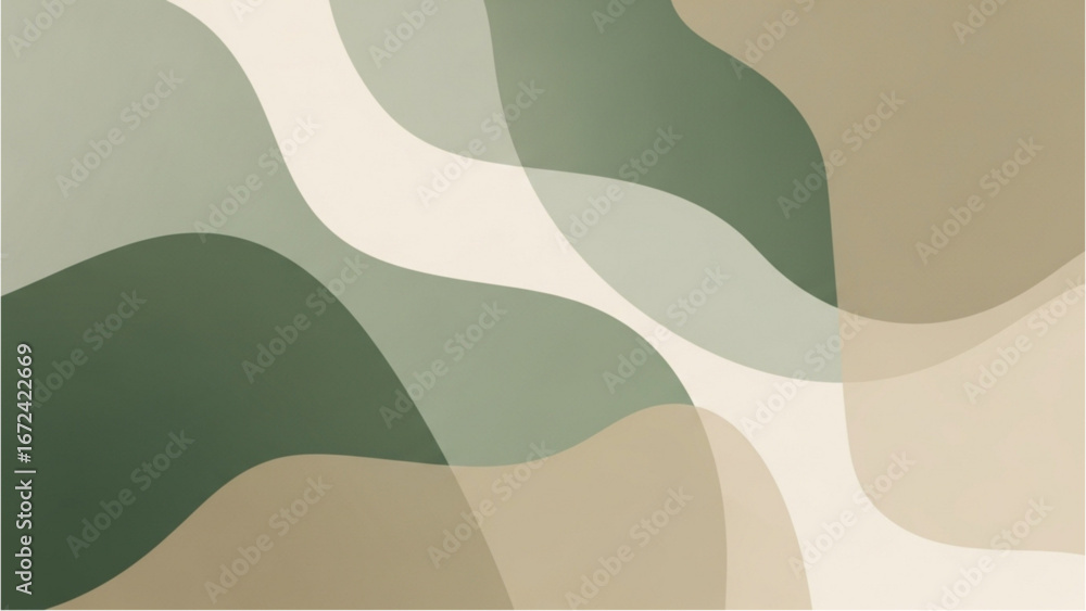 Poster overlapping organic shapes in muted green beige and cream tones creating soft flowing compositions