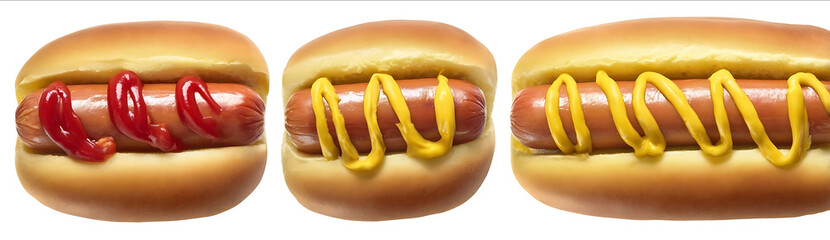 Hot dogs with mustard and ketchup isolated on a white background top view Three different hot dogs in one picture food photography top shot front view side vi